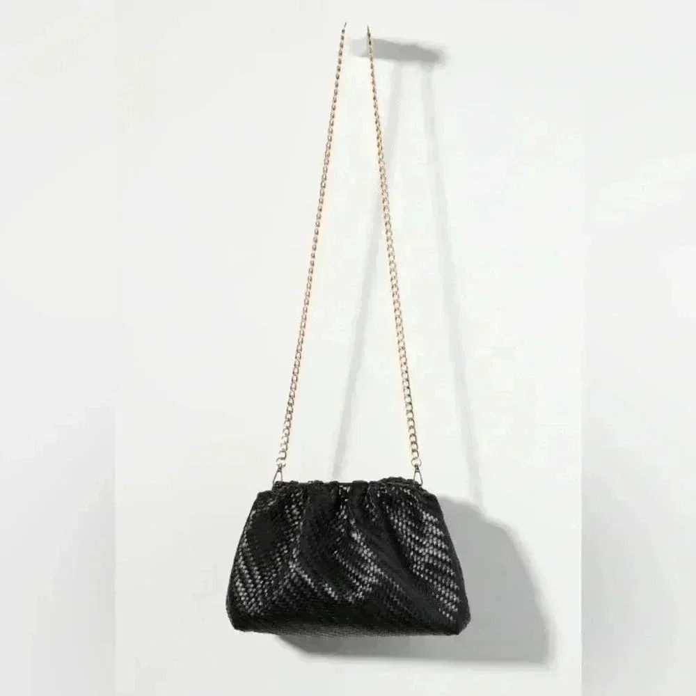 Anthropologie Frankie Metallic Black Evening Clutch Bag with Chain Strap